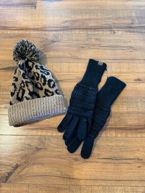 Leopard Pom Beanie and Black Knit Gloves Women’s Set